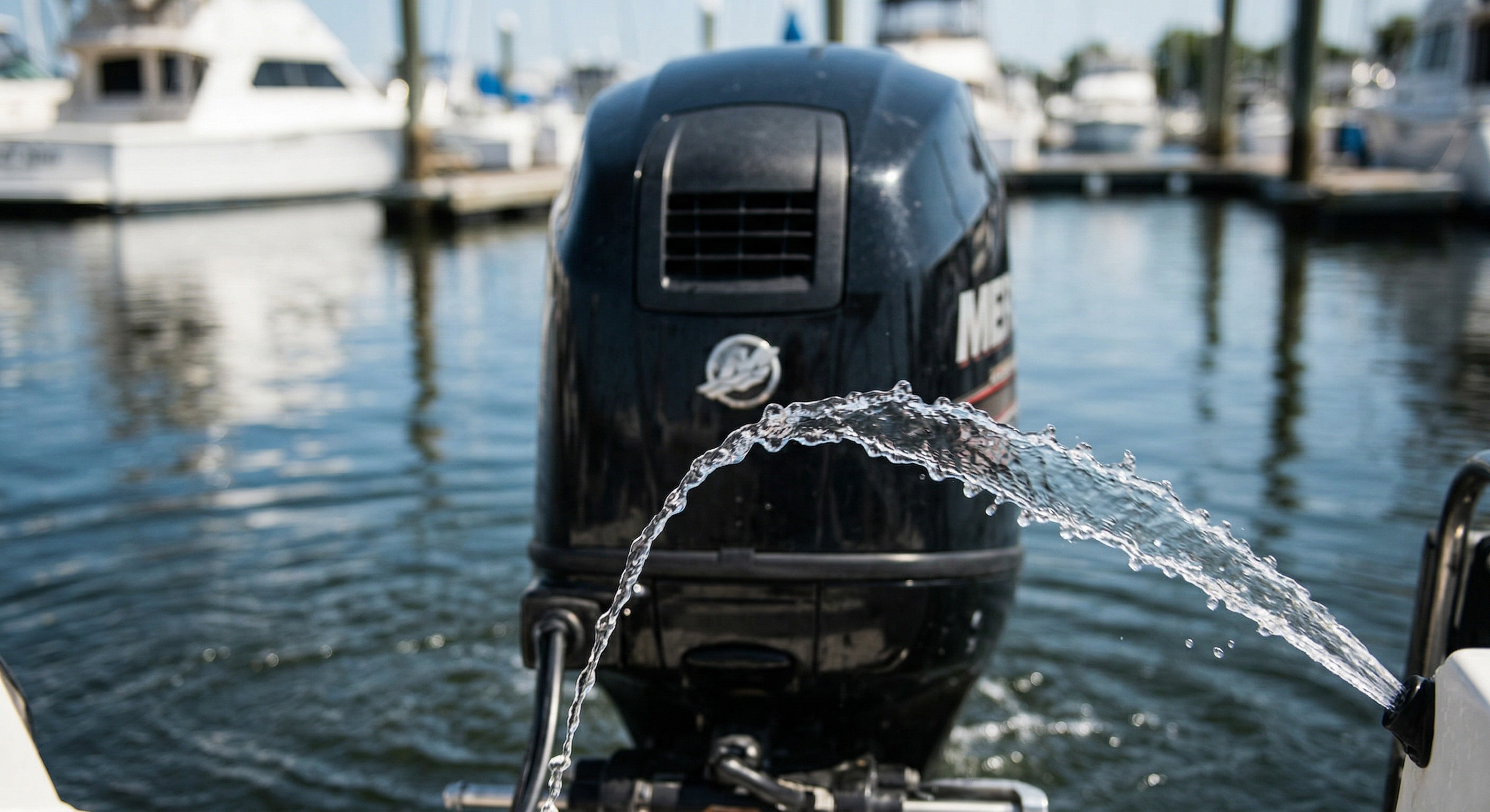 Поток воды из контрольного отверстия лодочного мотора после замены крыльчатки
