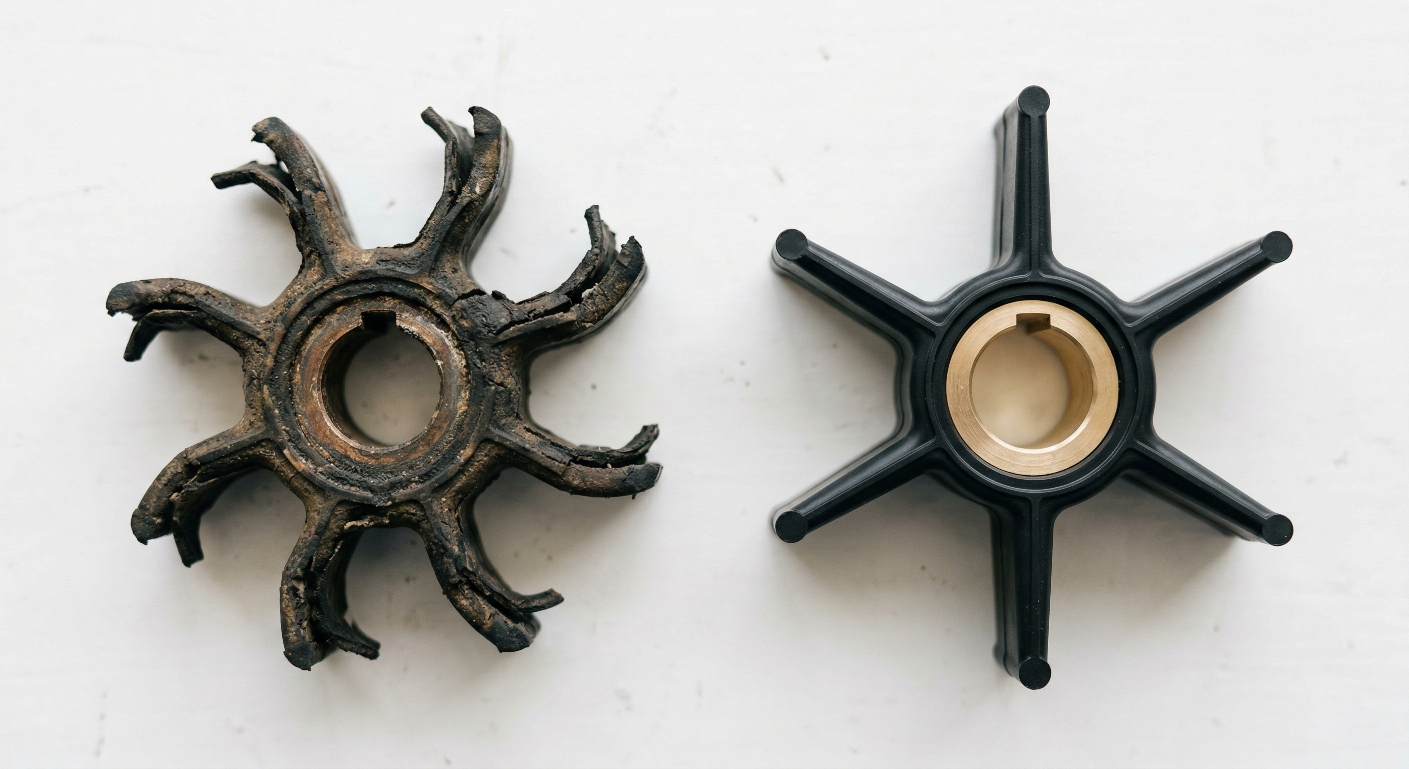 Сравнение изношенной и новой крыльчатки лодочного мотора