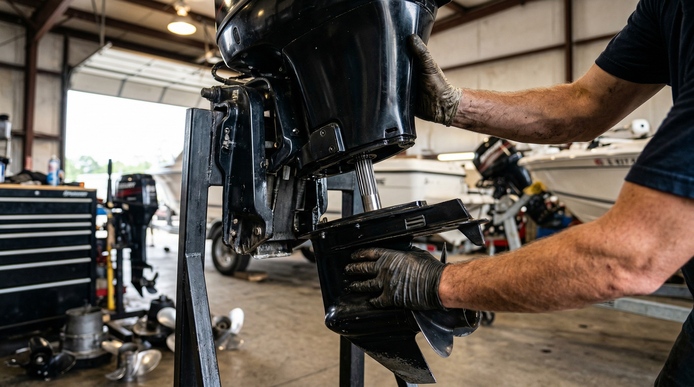 Откручивание болтов крепления редуктора лодочного мотора