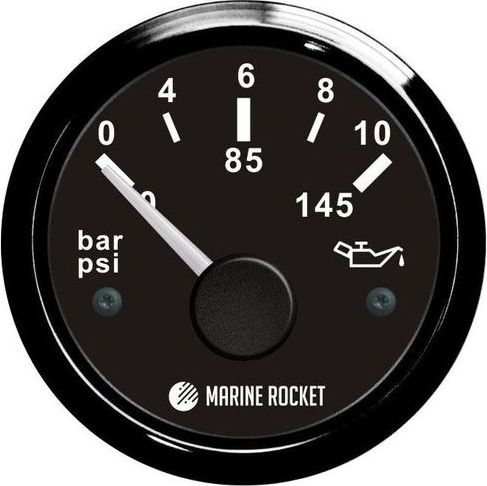 Указатель давления масла 0-10 бар, черный циферблат, черный ободок, д. 52 мм, Marine Rocket PGA0010BBMR