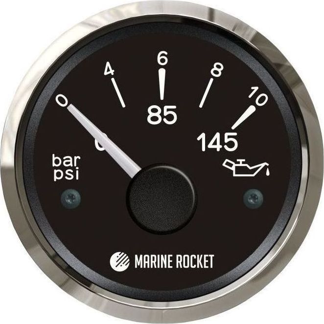 Указатель давления масла 0-10 бар, черный циферблат, нержавеющий ободок, д. 52 мм, Marine Rocket PGA0010BSMR