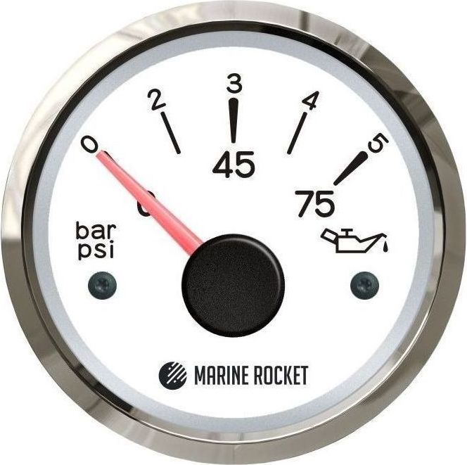 Указатель давления масла 0-5 бар, белый циферблат, нержавеющий ободок, д. 52 мм, Marine Rocket PGA0005WSMR