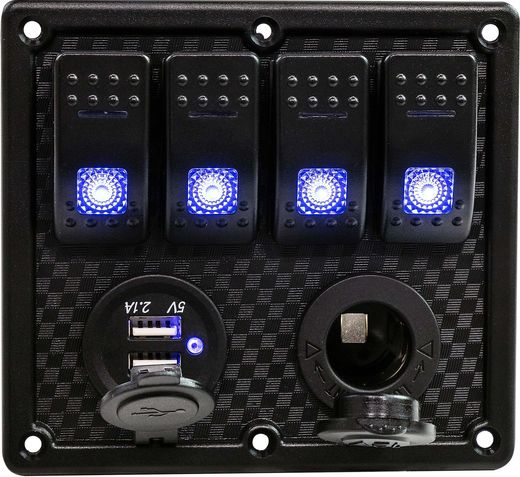 Панель бортового питания 4 переключателя, USB зарядка, разъем прикуривателя