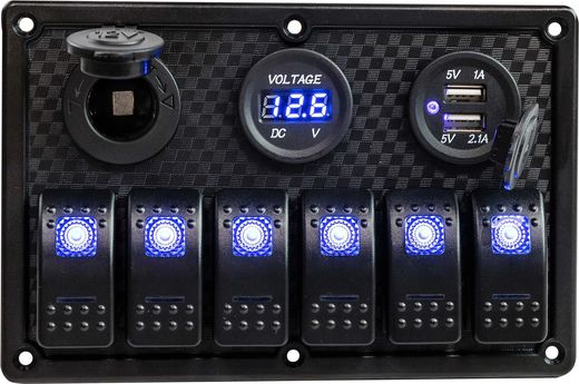 Панель бортового питания 6 переключателей, USB зарядка, разъем прикуривателя, вольтметр