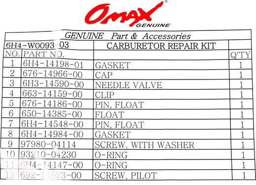 Ремкомплект карбюратора Yamaha 25-50 1CYL, Omax